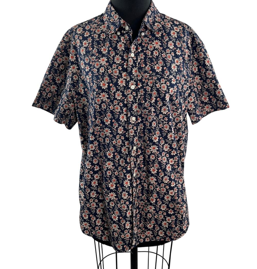 J.Crew Navy Top Organic Cotton Floral Collared Short Sleeve Button Size Large L